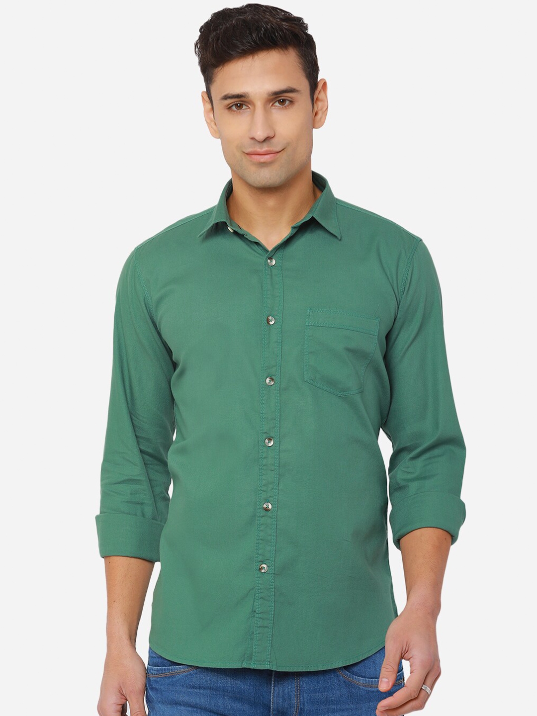 Buy JADE BLUE Men Green Slim Fit Pure Cotton Casual Shirt - Shirts for ...