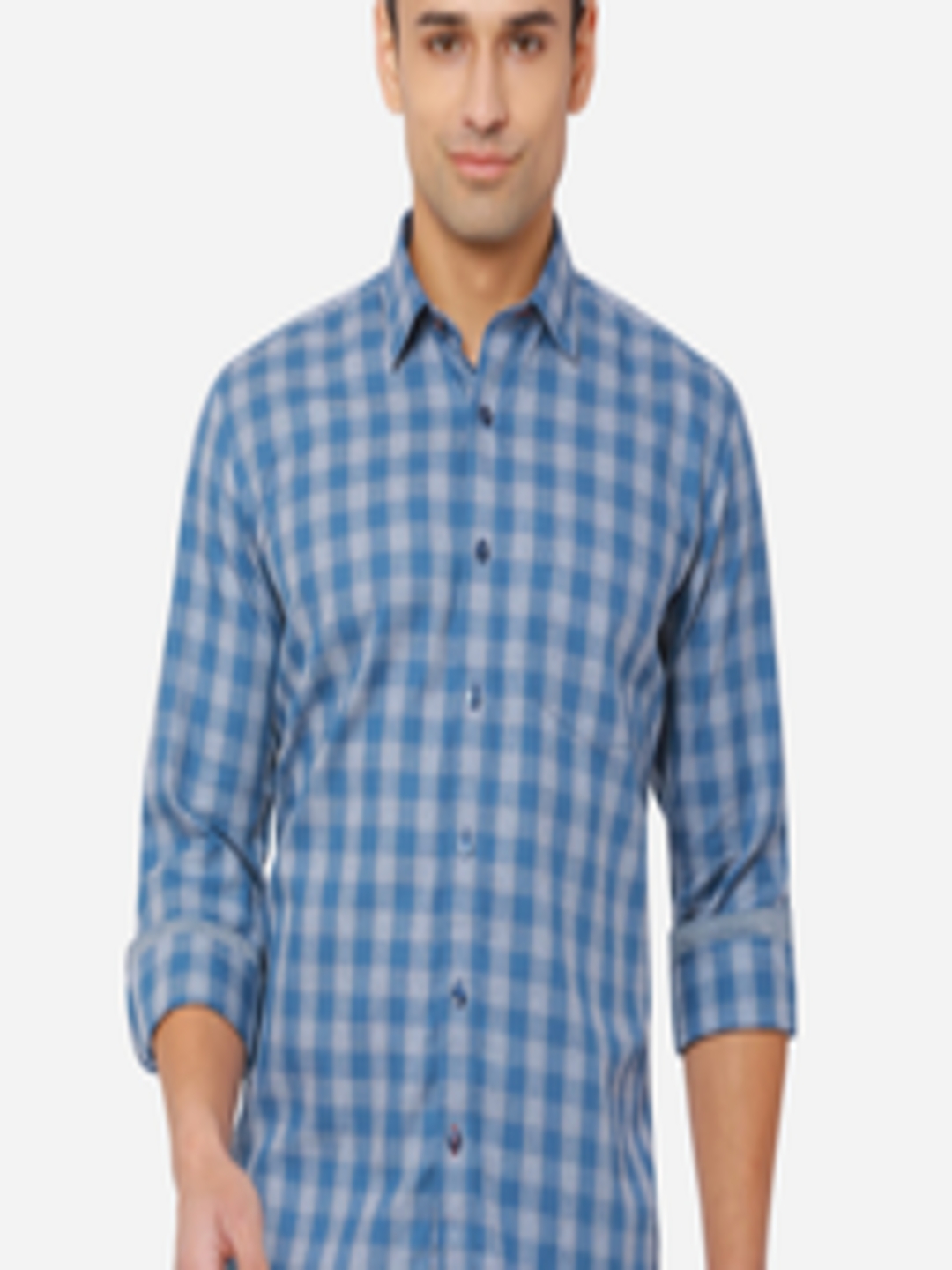 Buy JADE BLUE Men Blue Slim Fit Checked Pure Cotton Casual Shirt ...