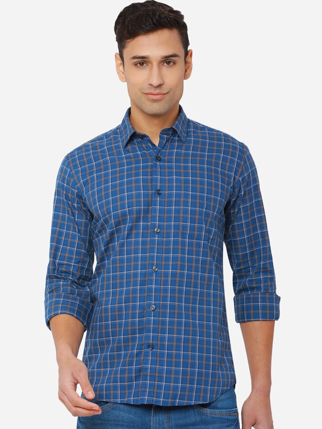 Buy JADE BLUE Men Blue Slim Fit Checked Pure Cotton Casual Shirt ...
