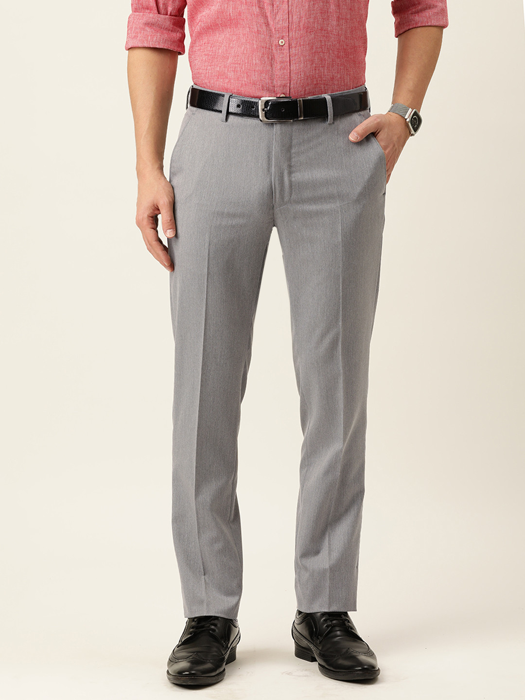 Buy Peter England Men Light Grey Solid Slim Fit Formal Trousers