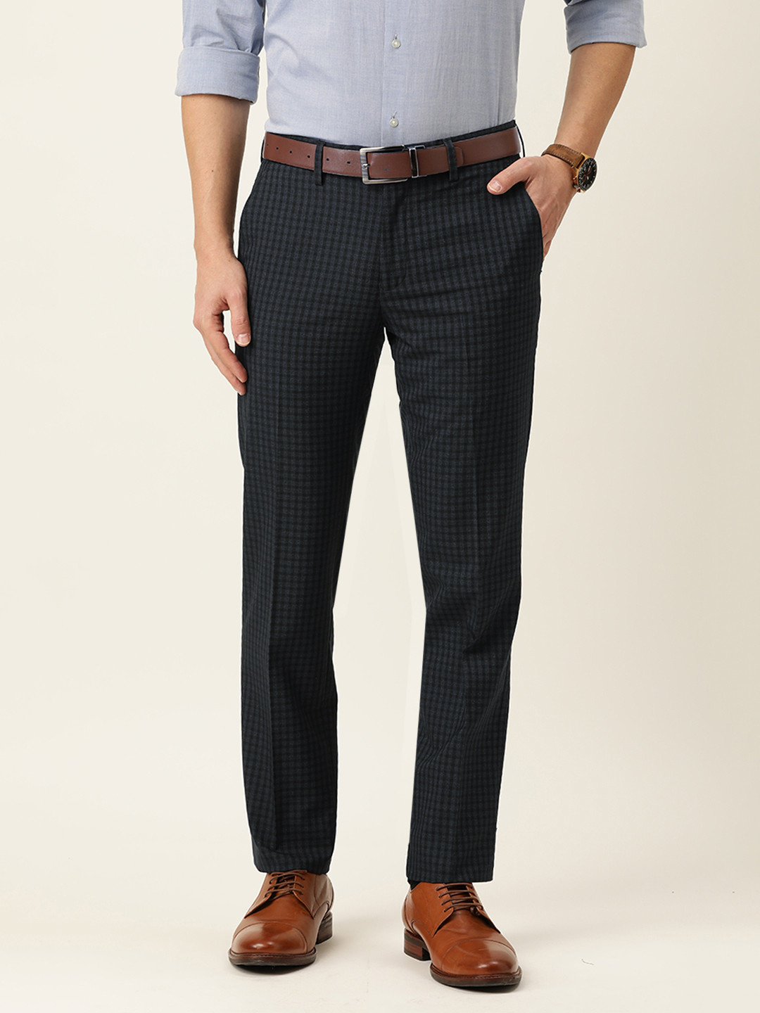Buy Peter England Men Navy Blue Checked Slim Fit Mid Rise Trousers