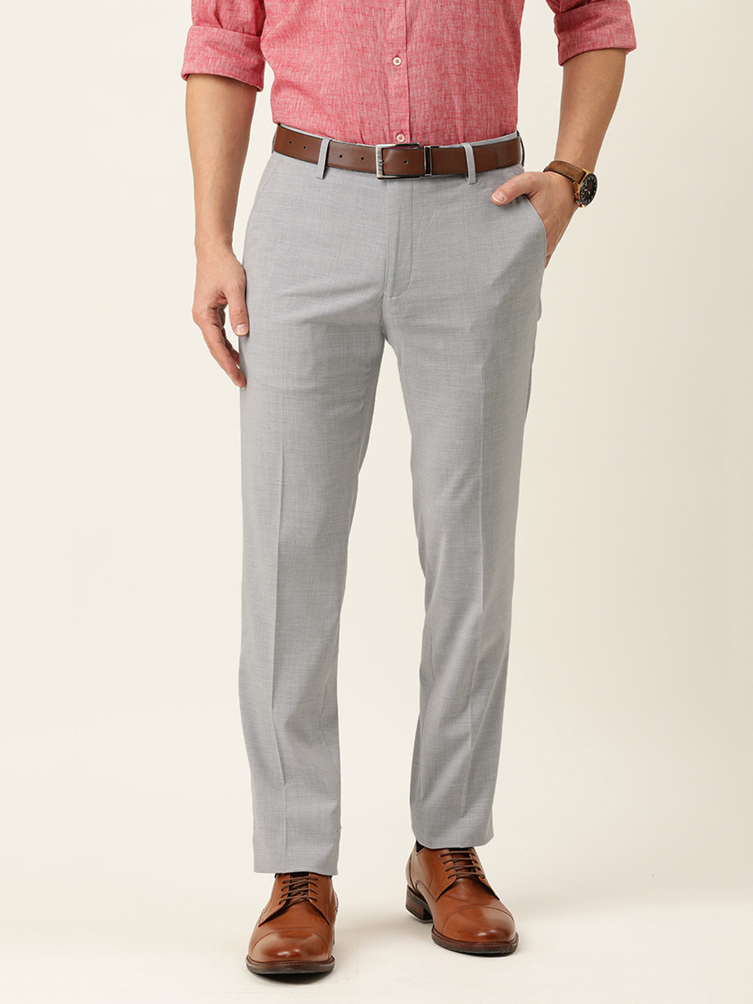 Buy Peter England Men Grey Slim Fit Mid Rise Formal Trousers Trousers