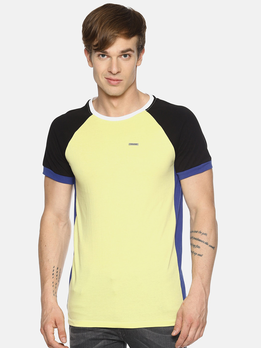 Buy IMPACKT Men Yellow & Black Colourblocked Pure Cotton Slim Fit T