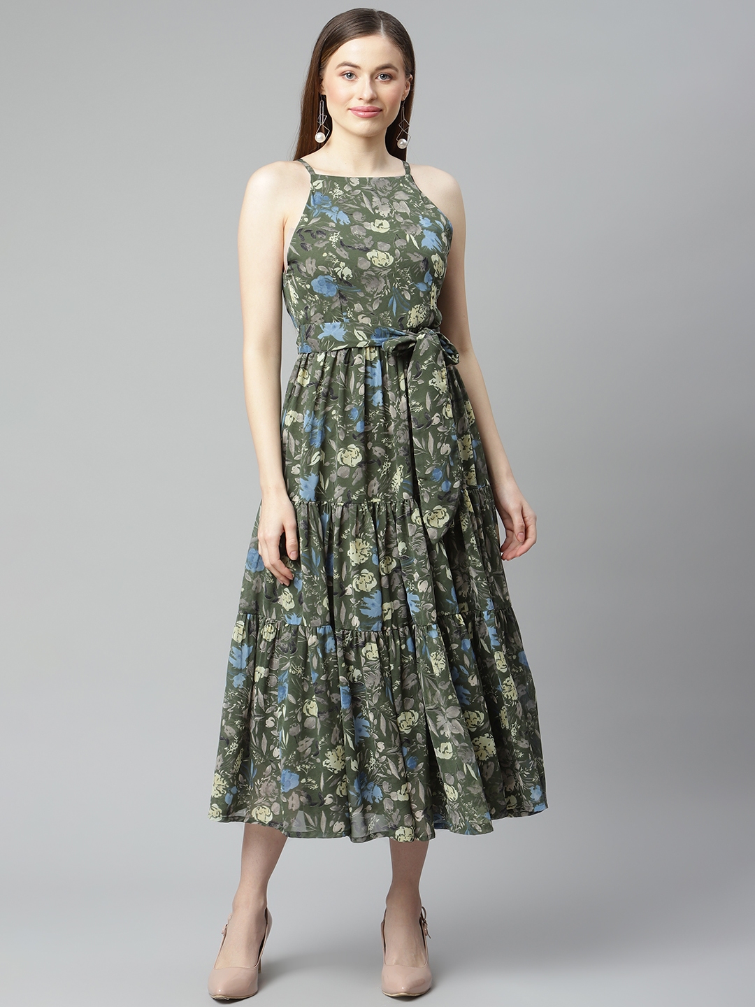 Buy PlusS Green & Blue Floral Printed A Line Midi Tiered Dress ...