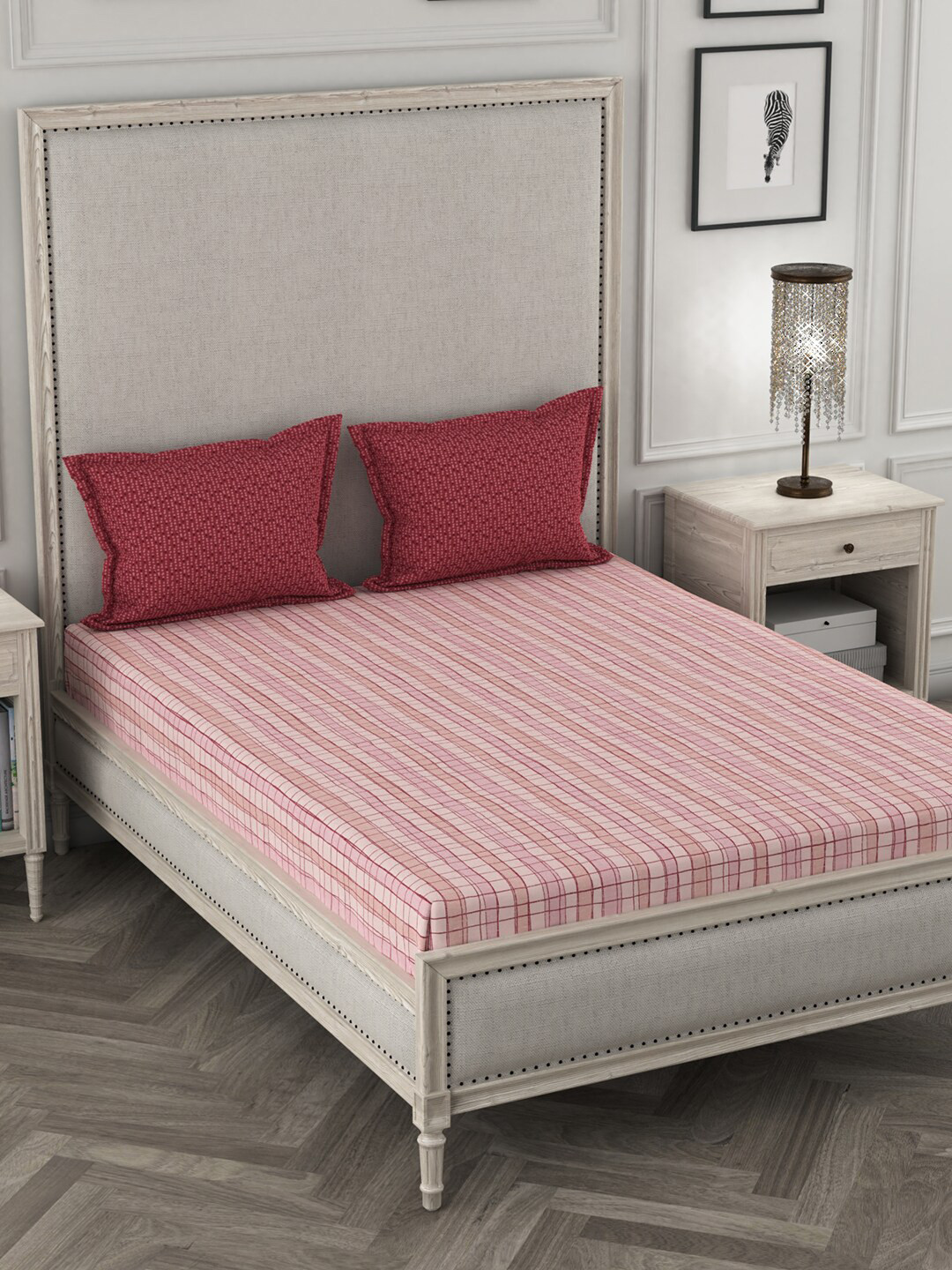 Buy Trident Pink & Red Checked Cotton Double Bed Cover With Pillow