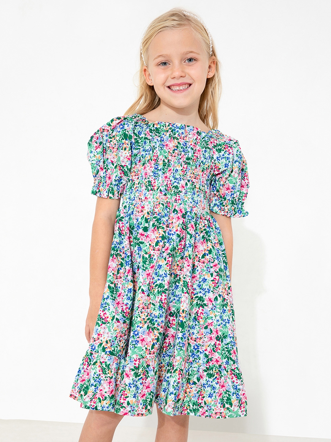 Buy Cherry Crumble Girls Green & Blue Floral Printed A Line Dress ...