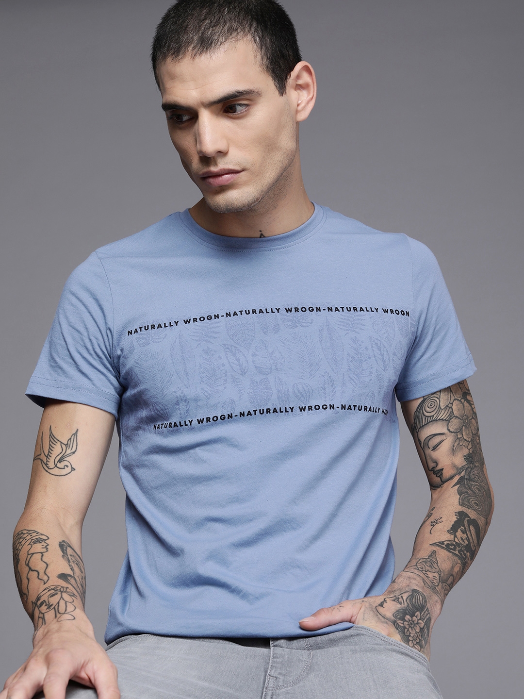 Buy WROGN Men Blue & Black Typography Printed T Shirt - Tshirts for Men ...