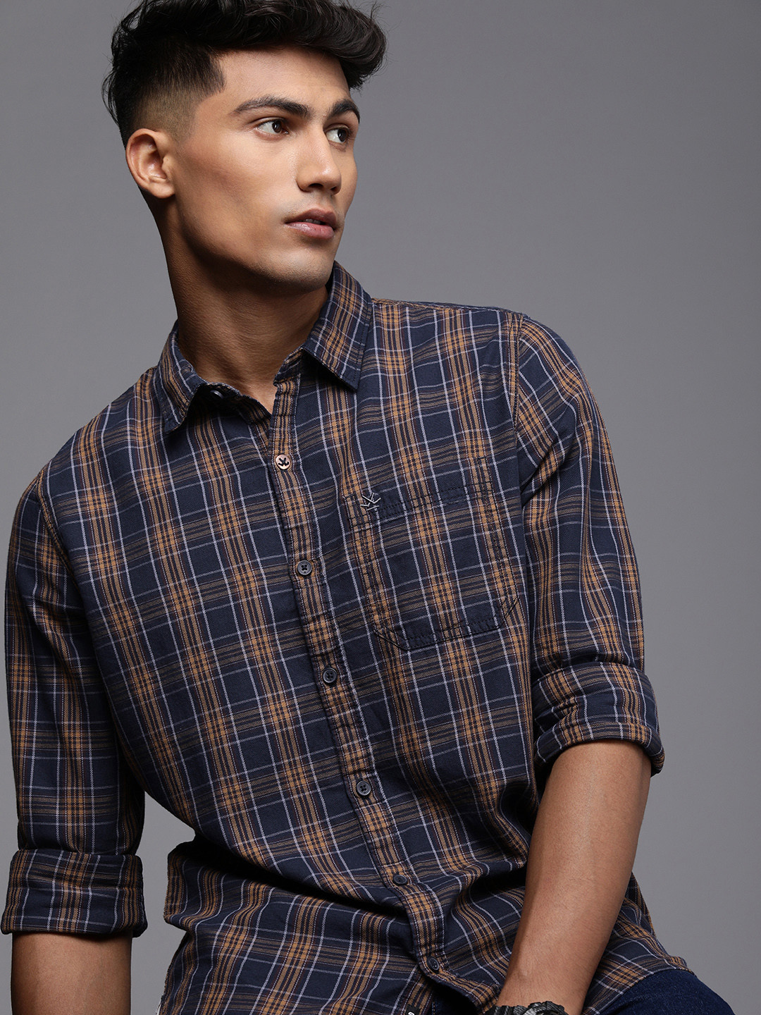 Buy WROGN Men Blue & Mustard Tartan Checks Pure Cotton Slim Fit Casual