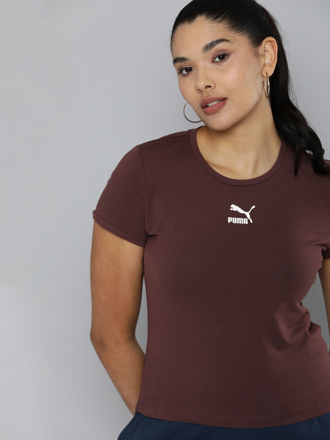 Buy Puma Women Brown Brand Logo Printed Slim Fit T Shirt Tshirts For Women 17065536 Myntra 