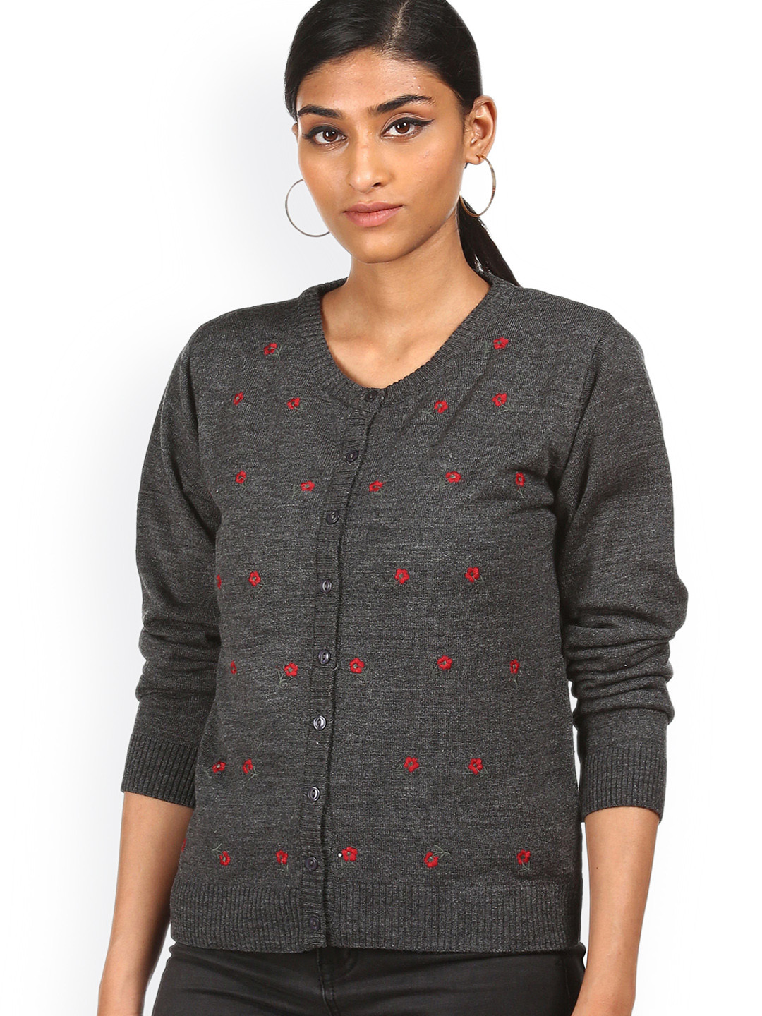 Buy Sugr Women Grey & Red Floral Embroidered Cardigan Sweaters for