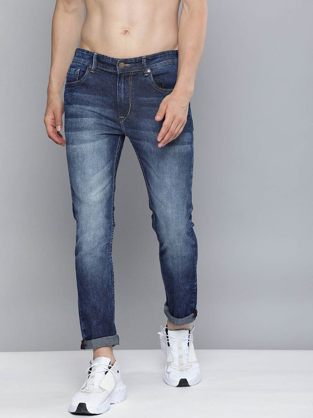 Men's Blue Solid Straight Fit Heavy Fade Stretchable Jeans