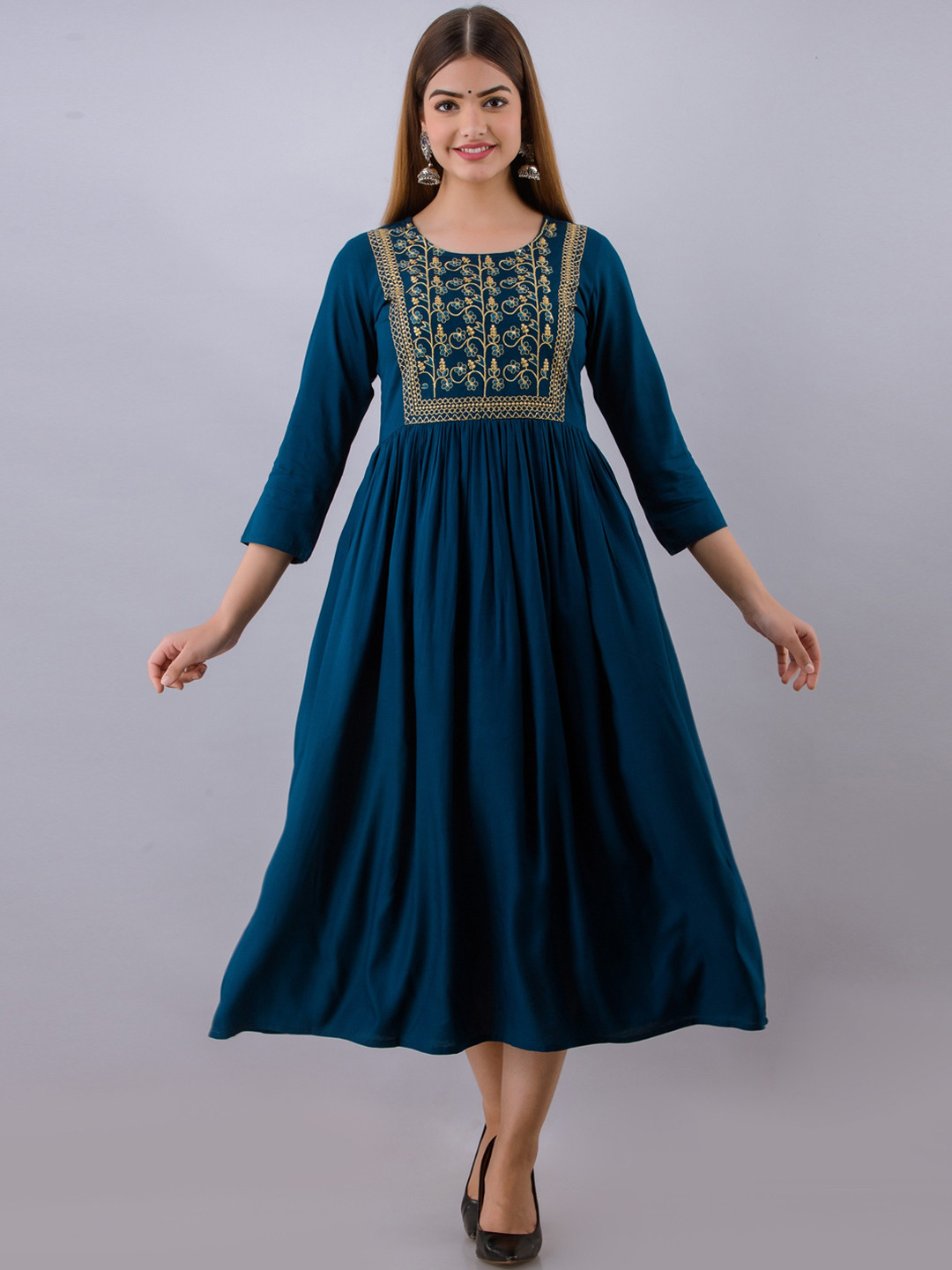 Blue Embroidered A-line Ethnic Dress