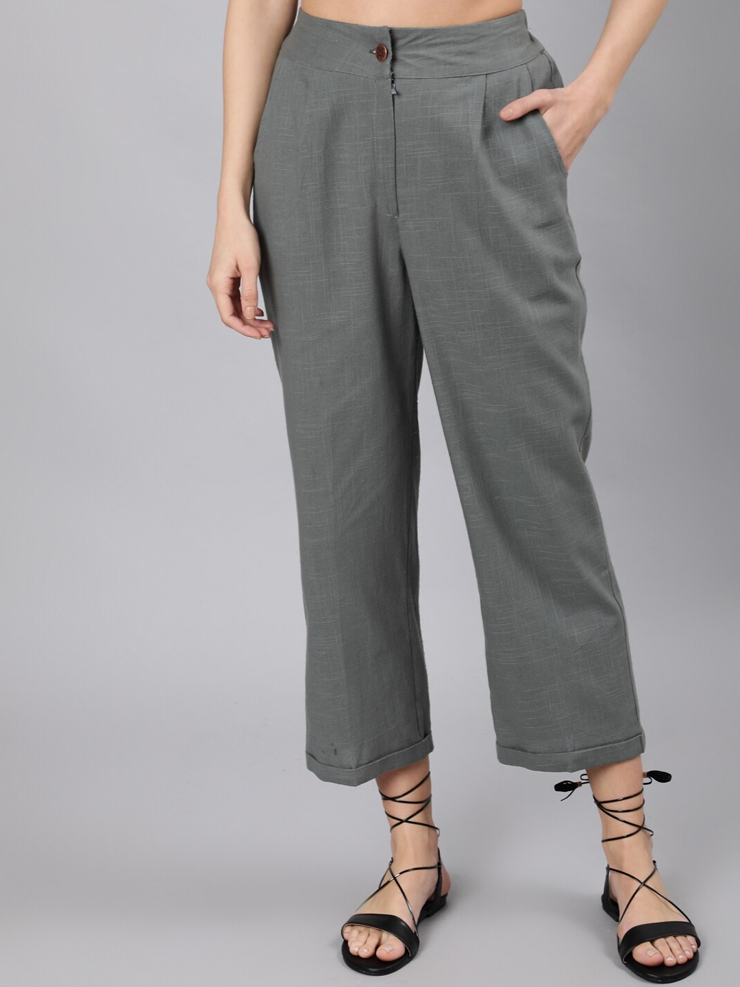 Buy Jaipur Kurti Women Grey Straight Fit High Rise Regular Trousers ...