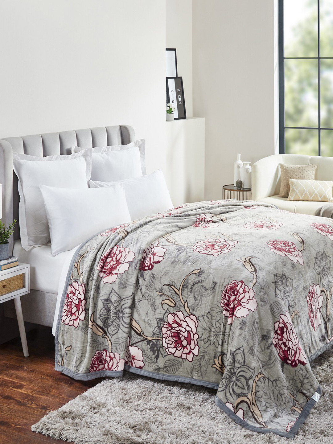 Buy MYTRIDENT Grey Purple Floral AC Room 300 GSM Double Bed Blanket