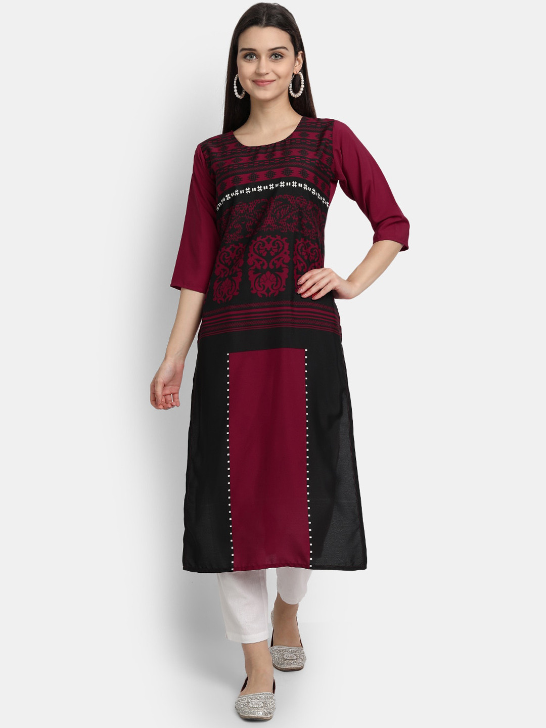 Women’s Cotton Printed Kurti – Red Ethnic Camel Print Straight Kurta, 3/4 Sleeve Casual Wear