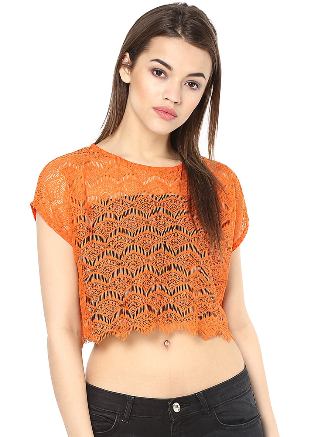 Buy La Zoire Orange Extended Sleeves Lace Crop Top Tops for Women