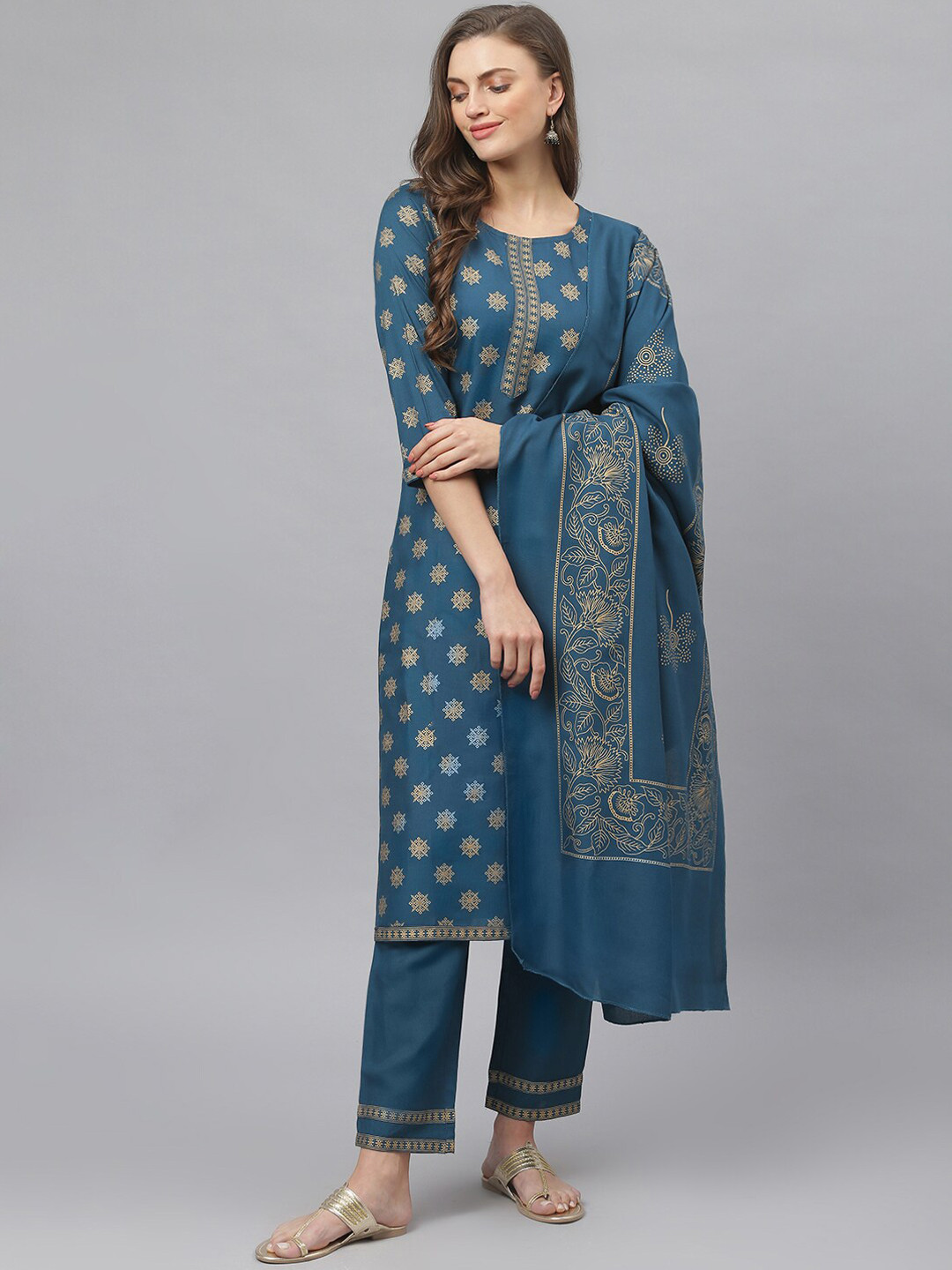 Teal Blue Ethnic Motif Printed Cotton Kurta, Pant And Dupatta Set With Zari & Thread Work