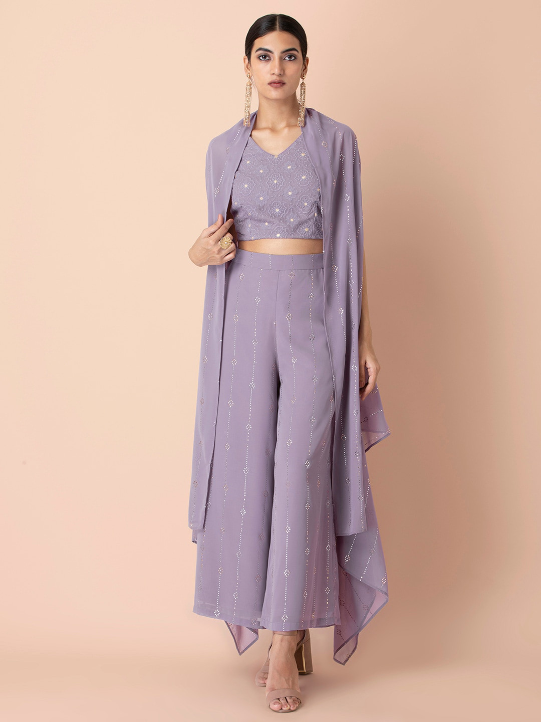 Buy INDYA Women Purple & Silver Toned Printed Ethnic Embellished Longline High Low Shrug Shrug