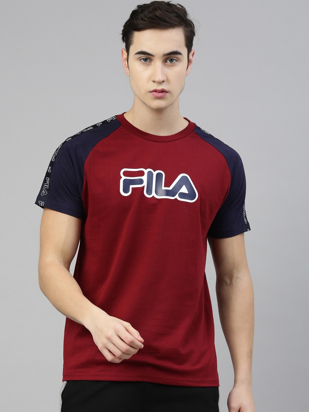 Buy FILA Men Maroon & Navy Blue Brand Logo Printed Running T Shirt ...