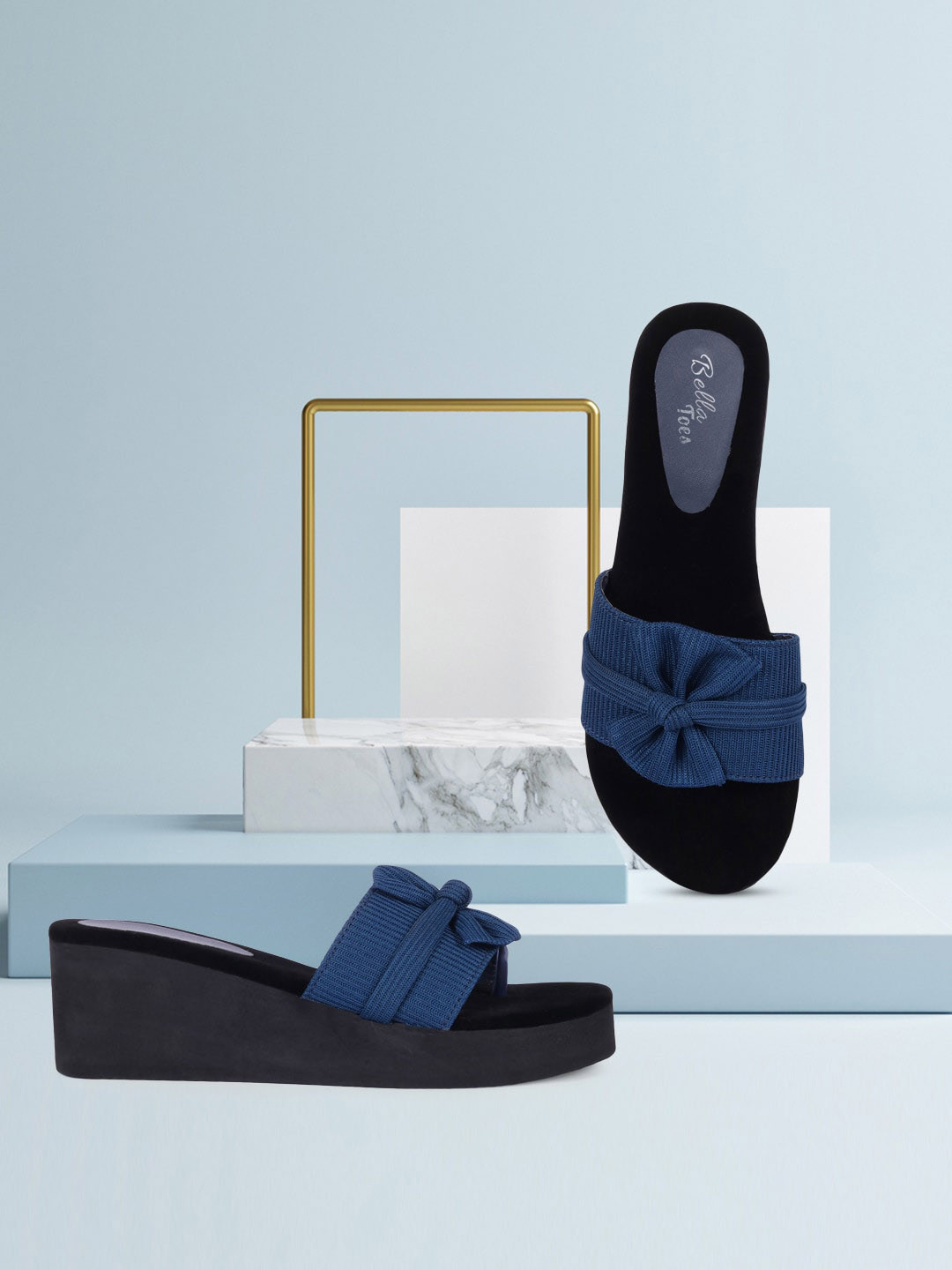Buy Bella Toes Blue & Black Flatform Sandals With Bows Heels for