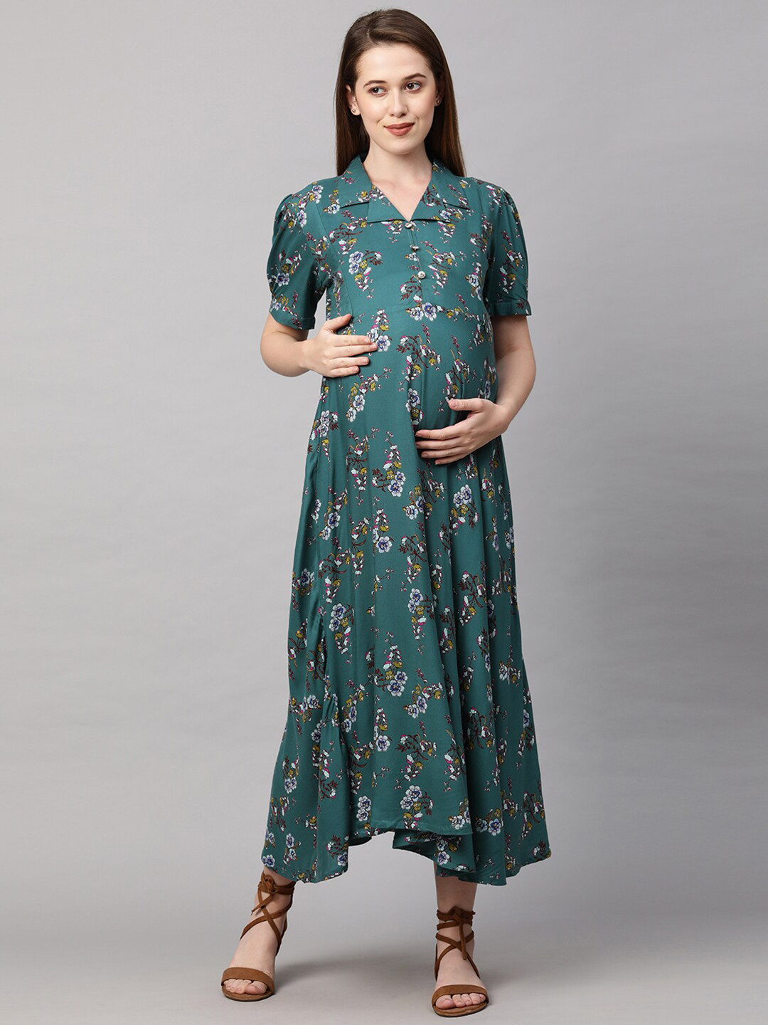 Buy MomToBe Green Floral Maternity Nursing Maxi Sustainable Dress