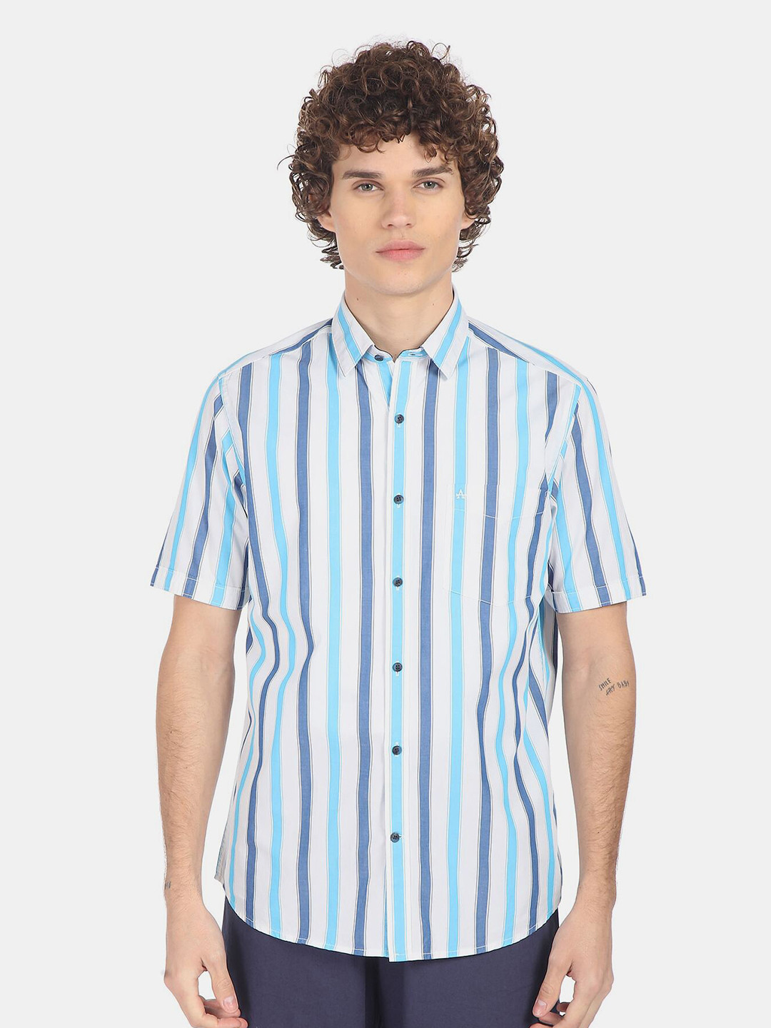 Buy Arrow Men Blue & Grey Striped Pure Cotton Regular Fit Casual Shirt