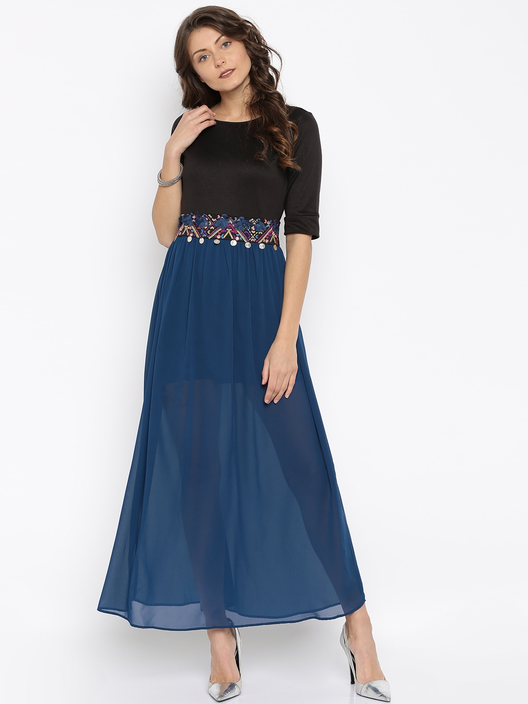 Buy Global Desi Women Blue And Black Solid Maxi Dress Dresses For Women 1708698 Myntra 4319