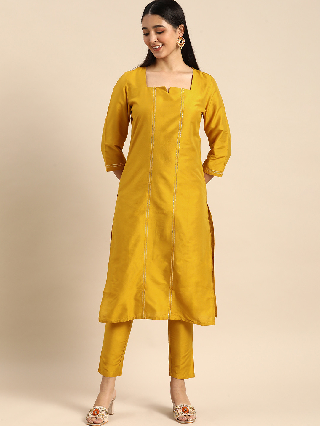 Buy Anouk Women Mustard Yellow Solid Kurta With Trousers Kurta Sets