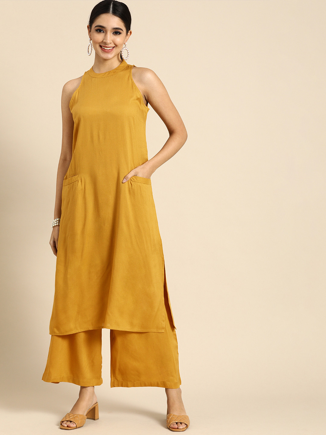 Buy Anouk Women Mustard Yellow Kurta With Palazzos Kurta Sets for