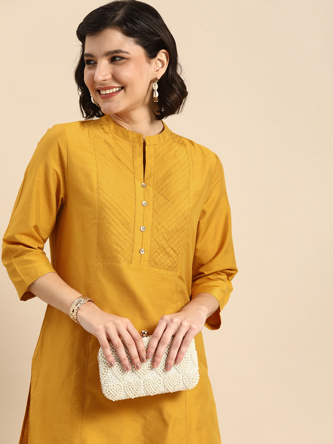 Buy Anouk Women Mustard Yellow Striped V Neck Regular Kurta With Pin