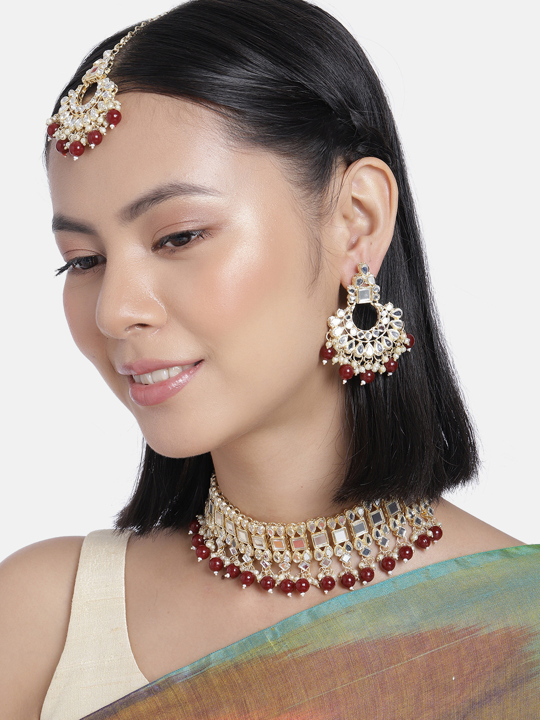 Buy AccessHer Gold Plated Red Kundan Studded & Beaded Jewellery Set