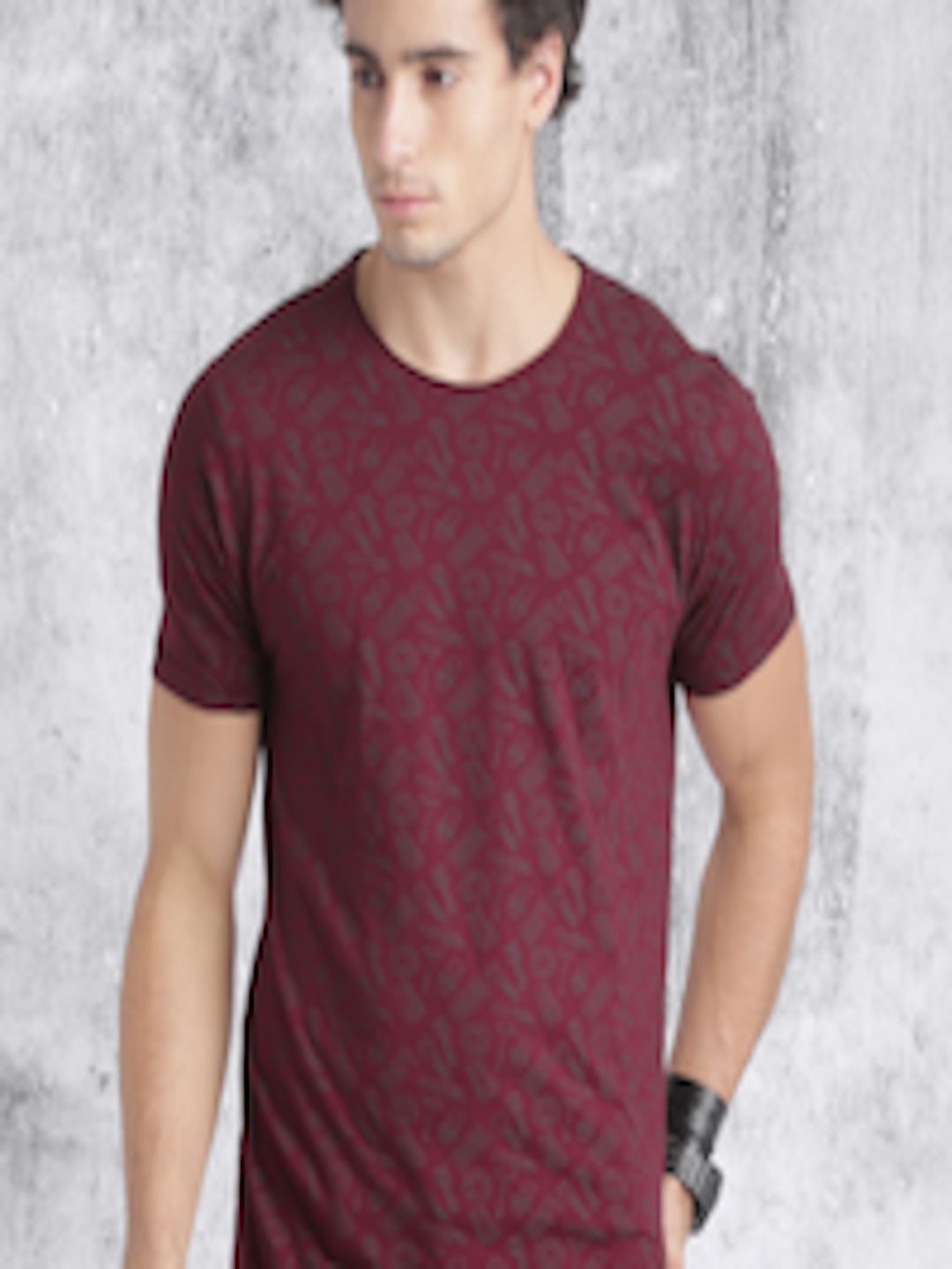 Buy Roadster Men Maroon Grey Printed Round Neck Pure Cotton T Shirt ...