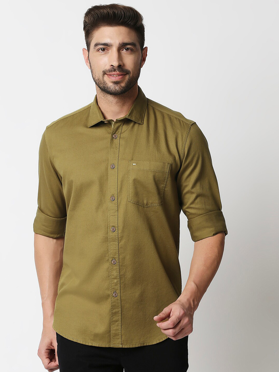 Buy Basics Men Khaki Slim Fit Pure Cotton Casual Shirt - Shirts for Men ...