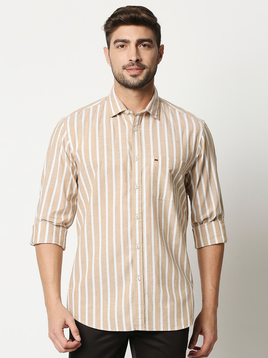 Men Beige & Grey Cotton Stripes Relax Fit Shirt