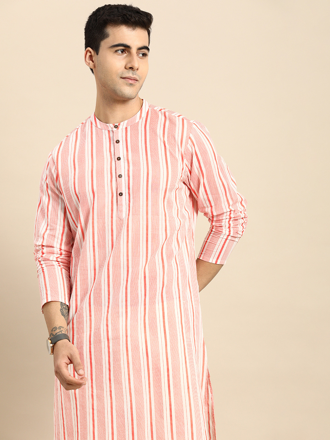 Buy Anouk Men Orange & White Multi Stripes Band Collar Pure Cotton