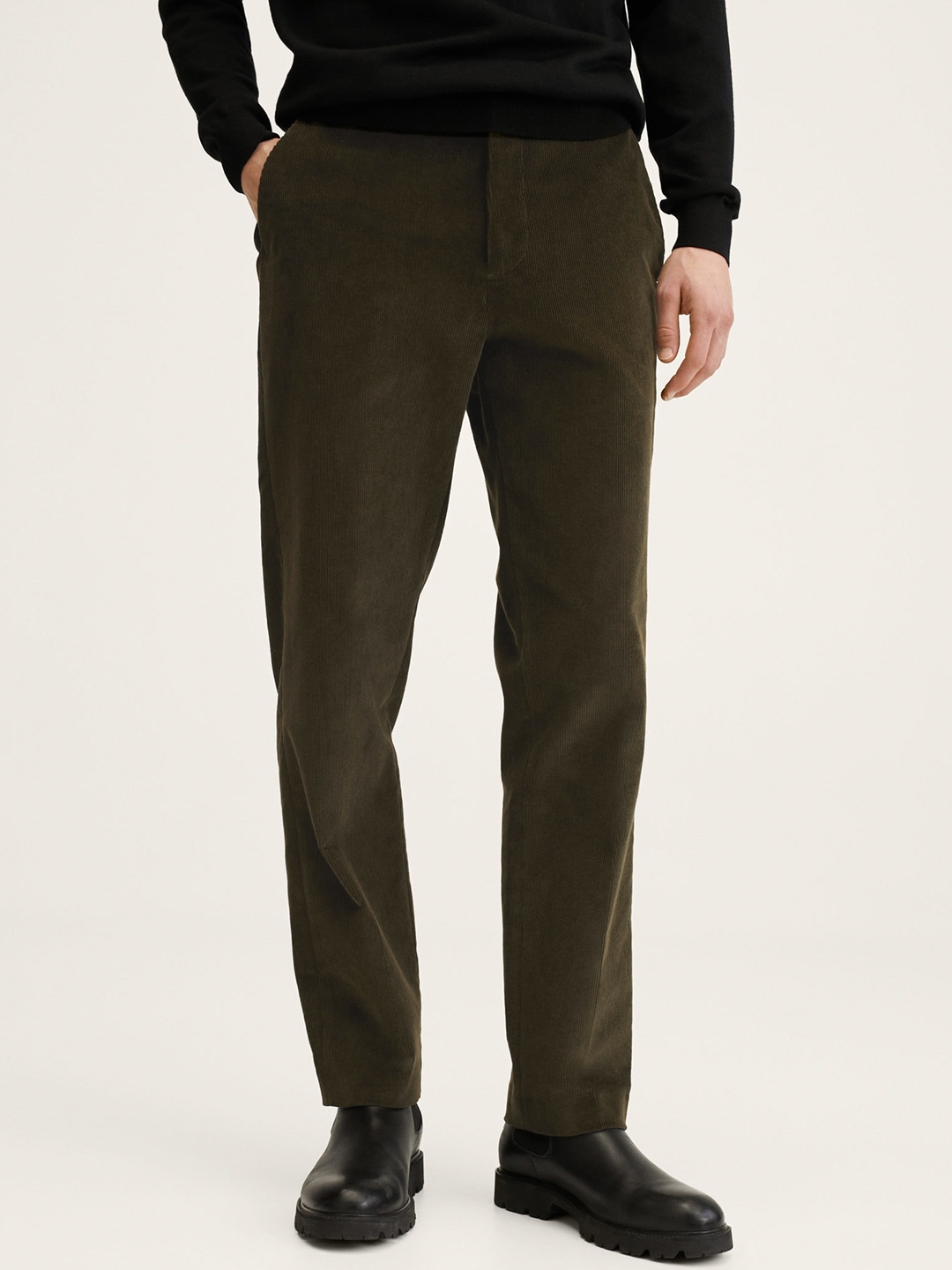 Buy MANGO MAN Olive Green Solid Corduroy Trousers - Trousers for Men ...