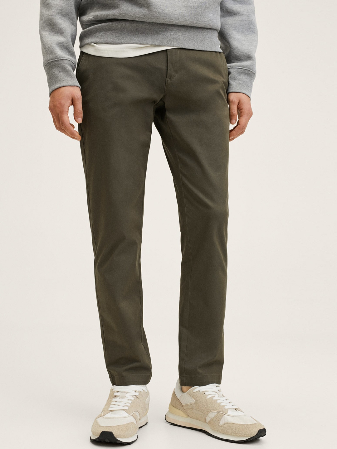 Buy MANGO MAN Olive Green Tapered Fit Solid Trousers - Trousers for Men ...