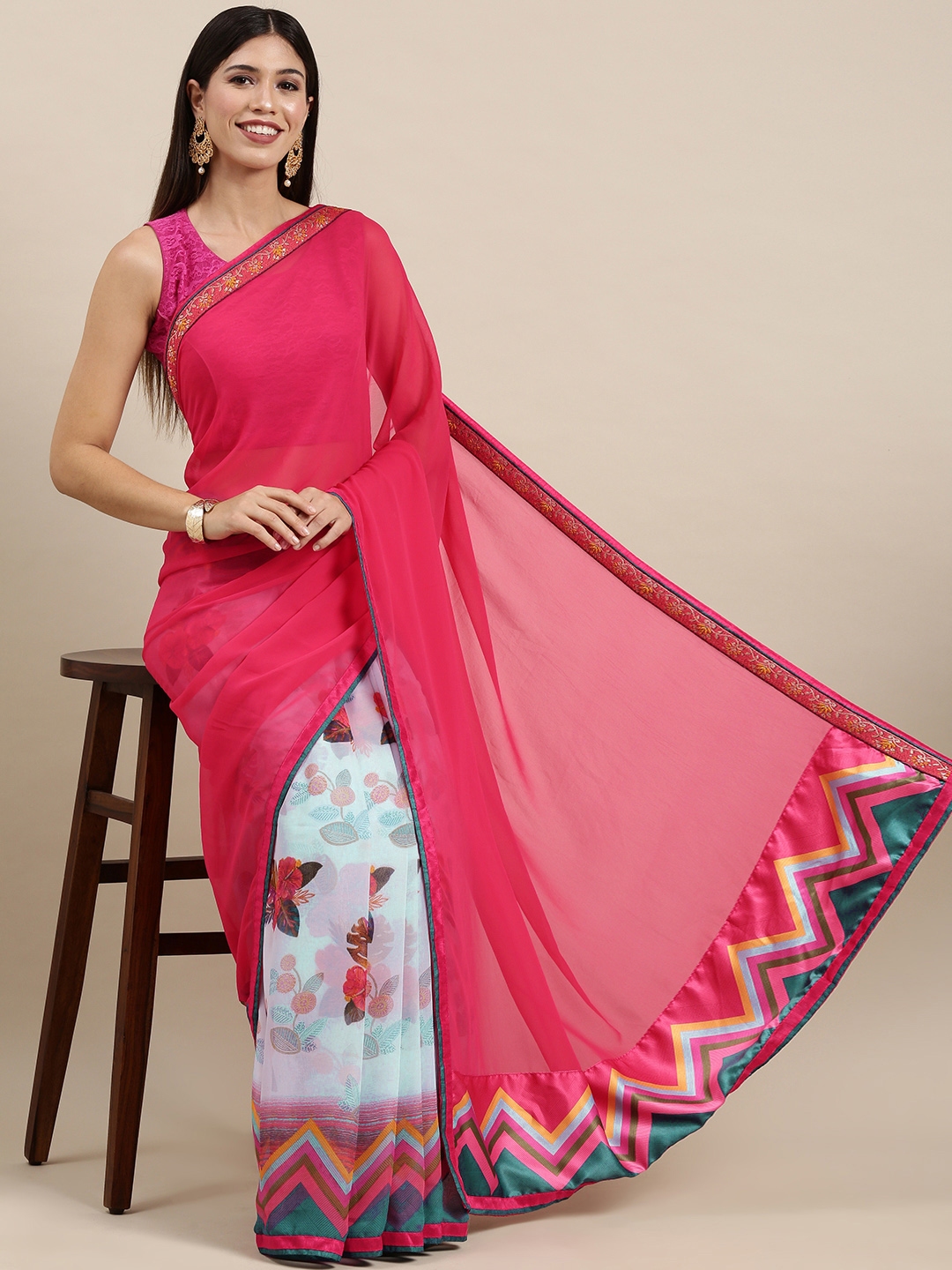 Buy Vastranand Pink Off White Floral Print Half And Half Saree Buy Vastranand Pink Off White Floral Print Half And Half Saree