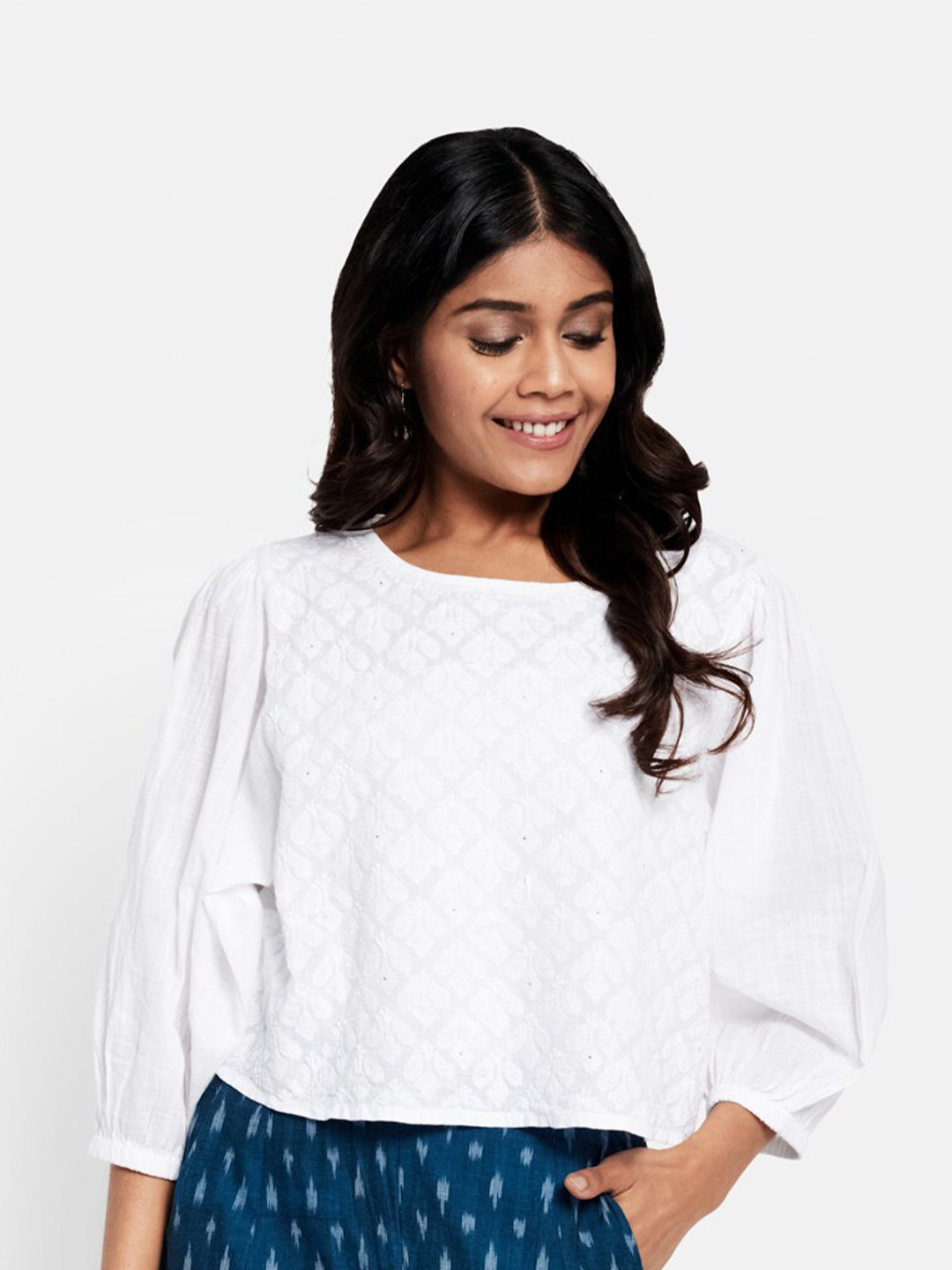 Buy Fabindia Women White Chikankari Embroidered Cotton Top Tops for