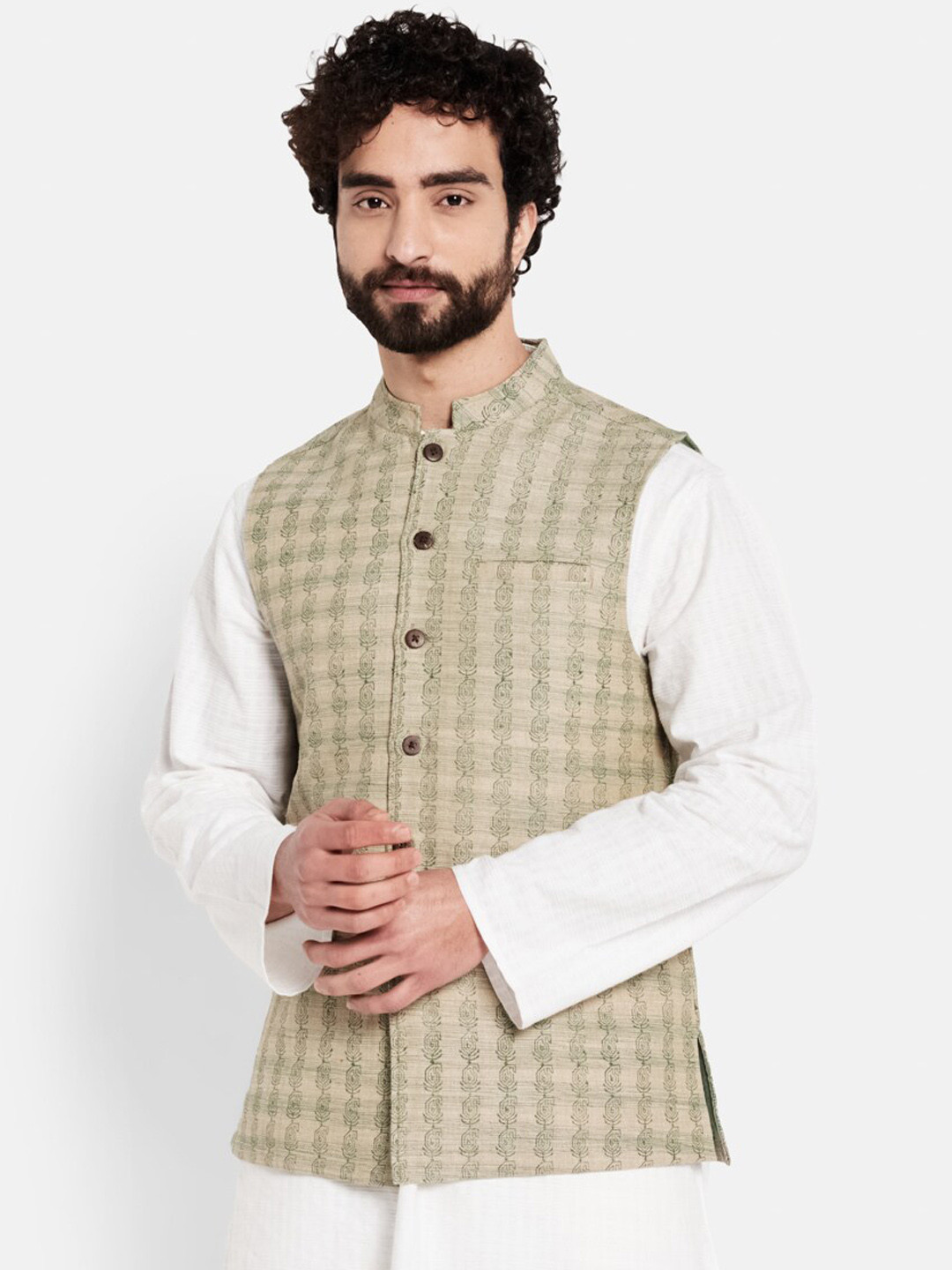 Buy Fabindia Men Beige & Green Block Printed Pure Cotton Woven Nehru