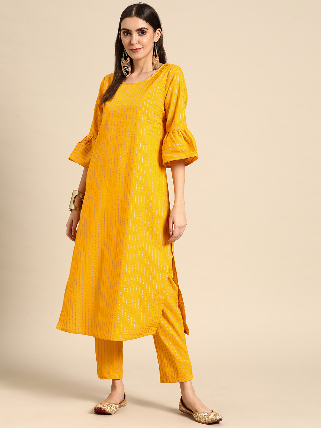 Buy Anouk Women Mustard Yellow Printed Pure Cotton Kurta With Trousers