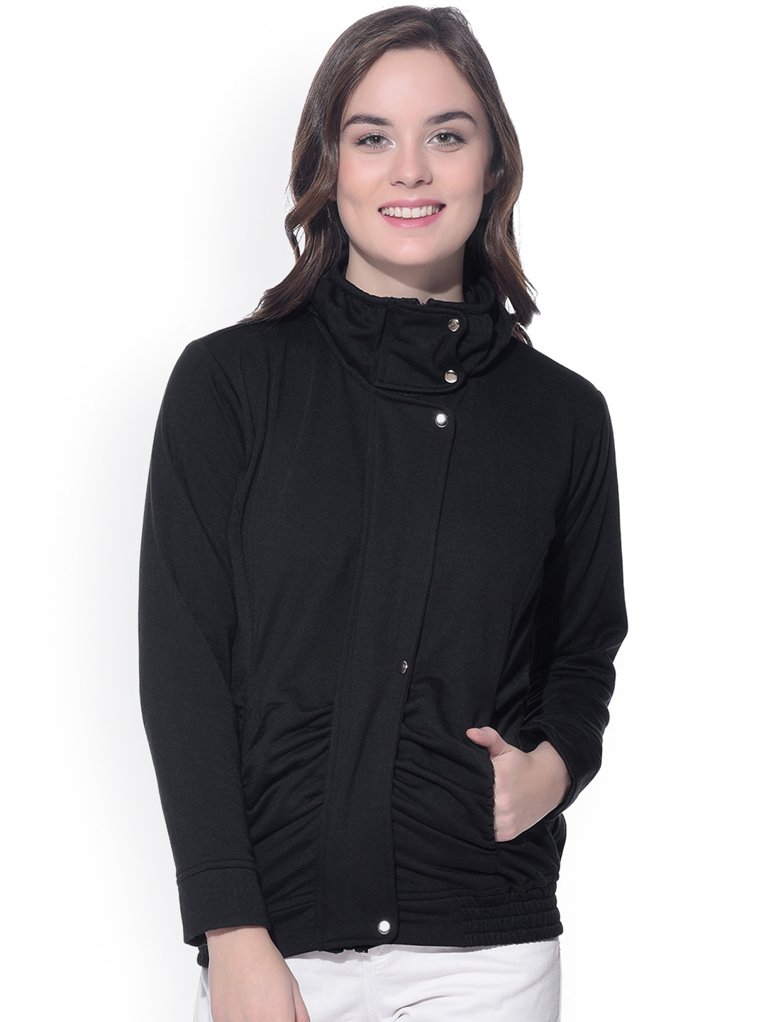 Buy PURYS Women Black Solid Fleece Bomber Jacket Jackets for Women