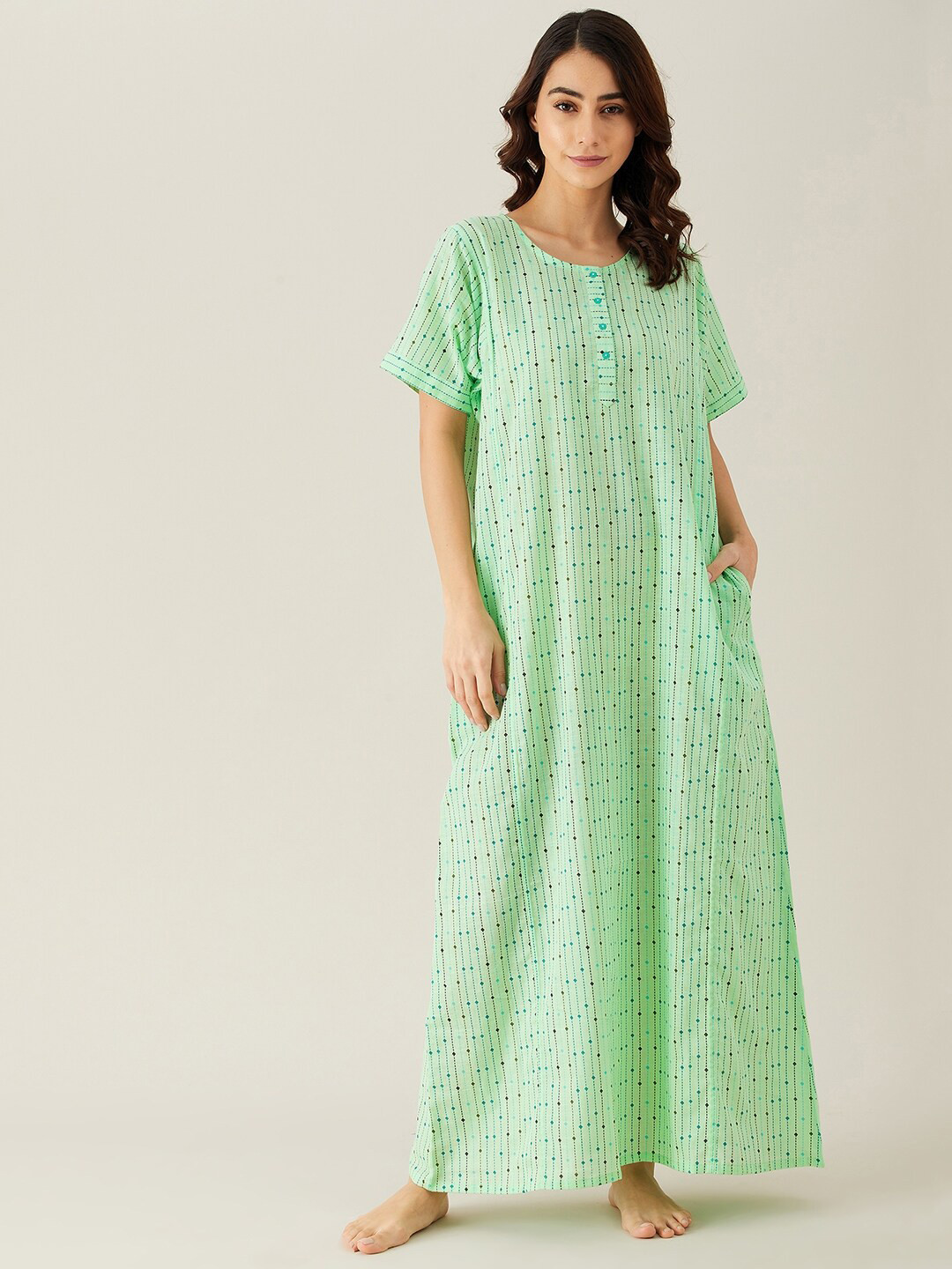 Buy The Kaftan Company Green Printed Pure Cotton Maxi Nightdress