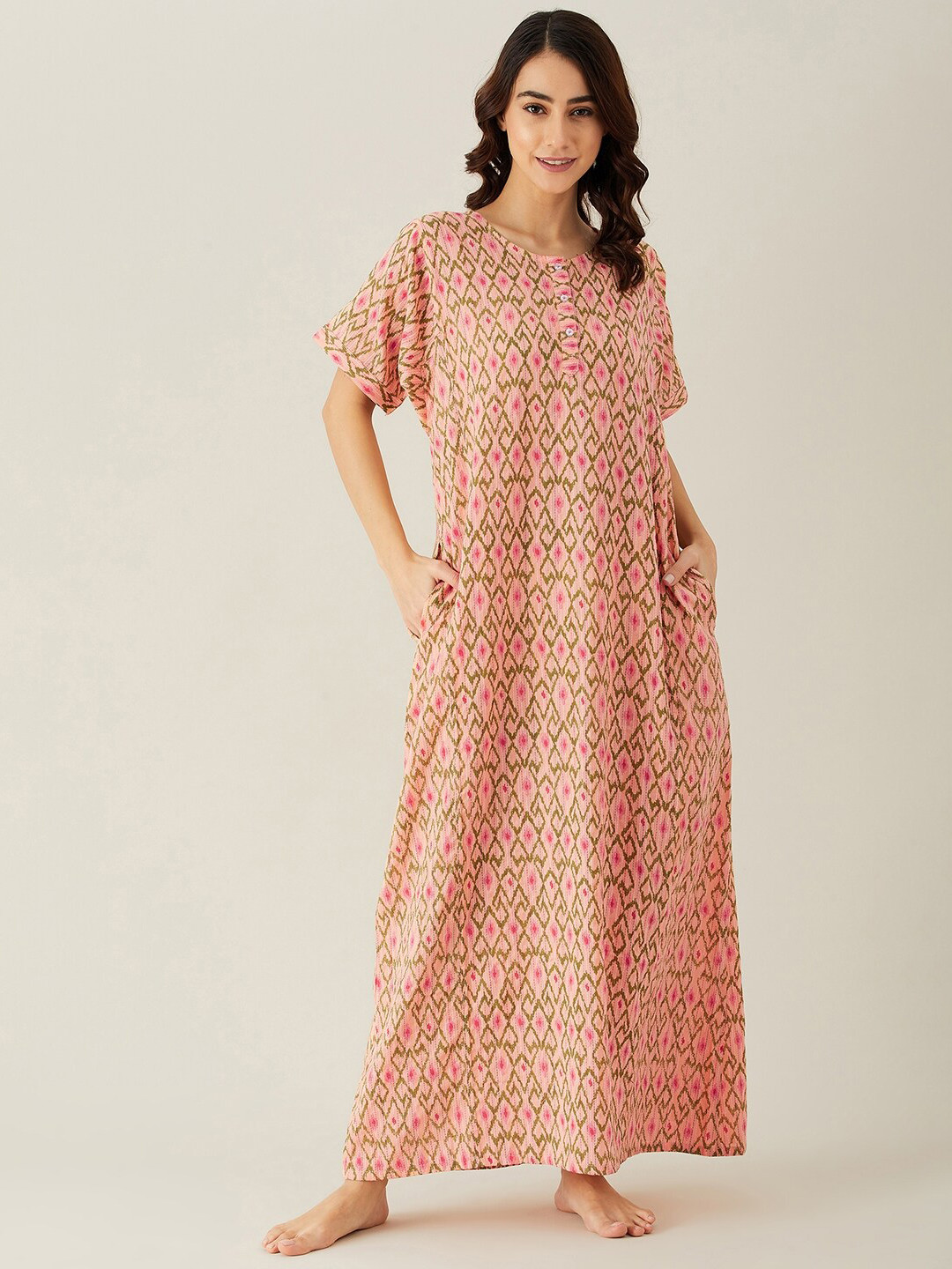 Buy The Kaftan Company Pink Printed Pure Cotton Maxi Nightdress