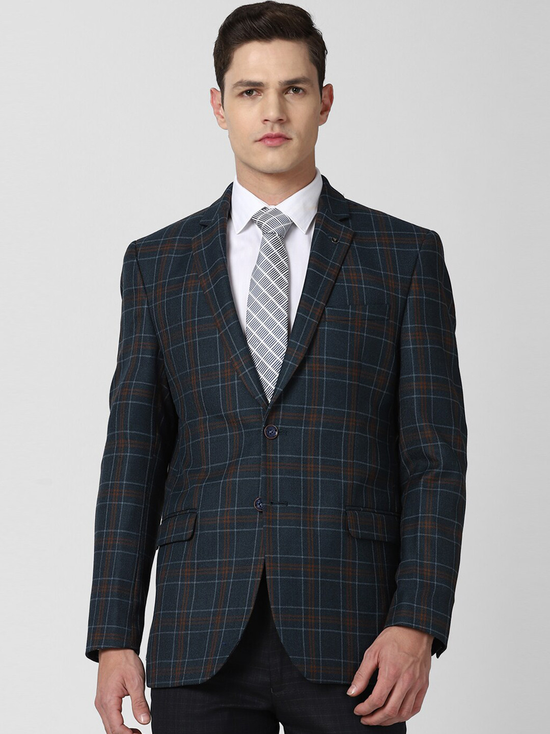 Men's Navy Blue Checked Slim-Fit Single Breasted Casual Blazers
