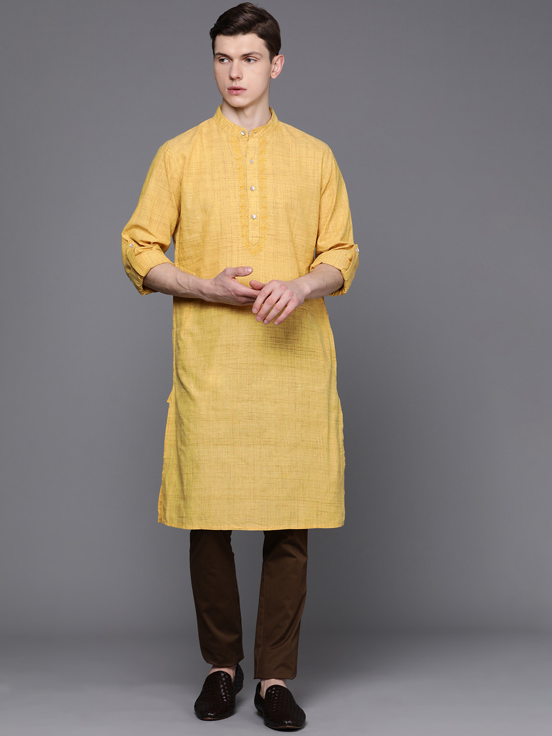 Men Mustard Chikankari Embroidered And Sequence Kurta Only