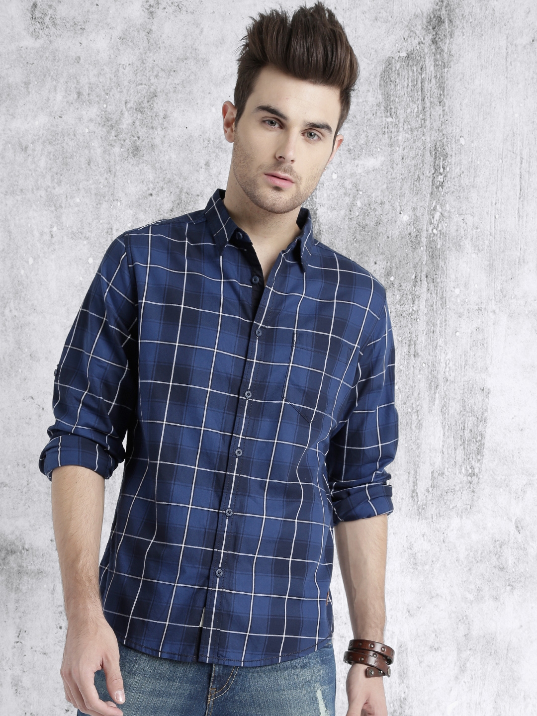 Buy Roadster Men Navy & White Checked Casual Shirt - Shirts for Men ...