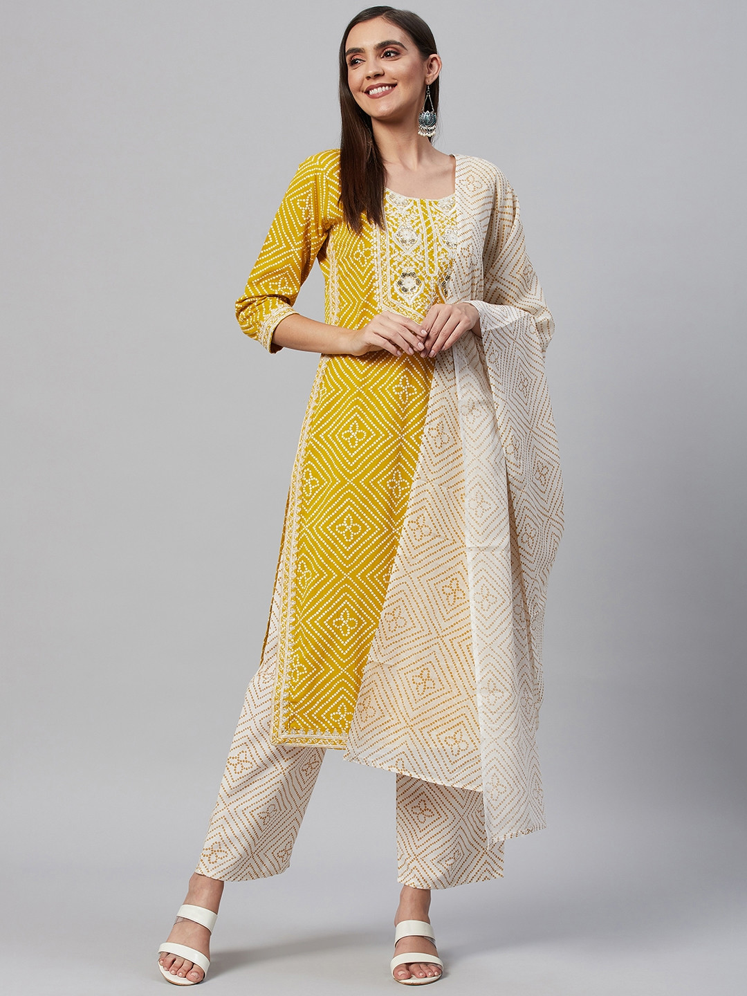 Women Mustard Embroidered Straight Kurta Trousers With Dupatta set