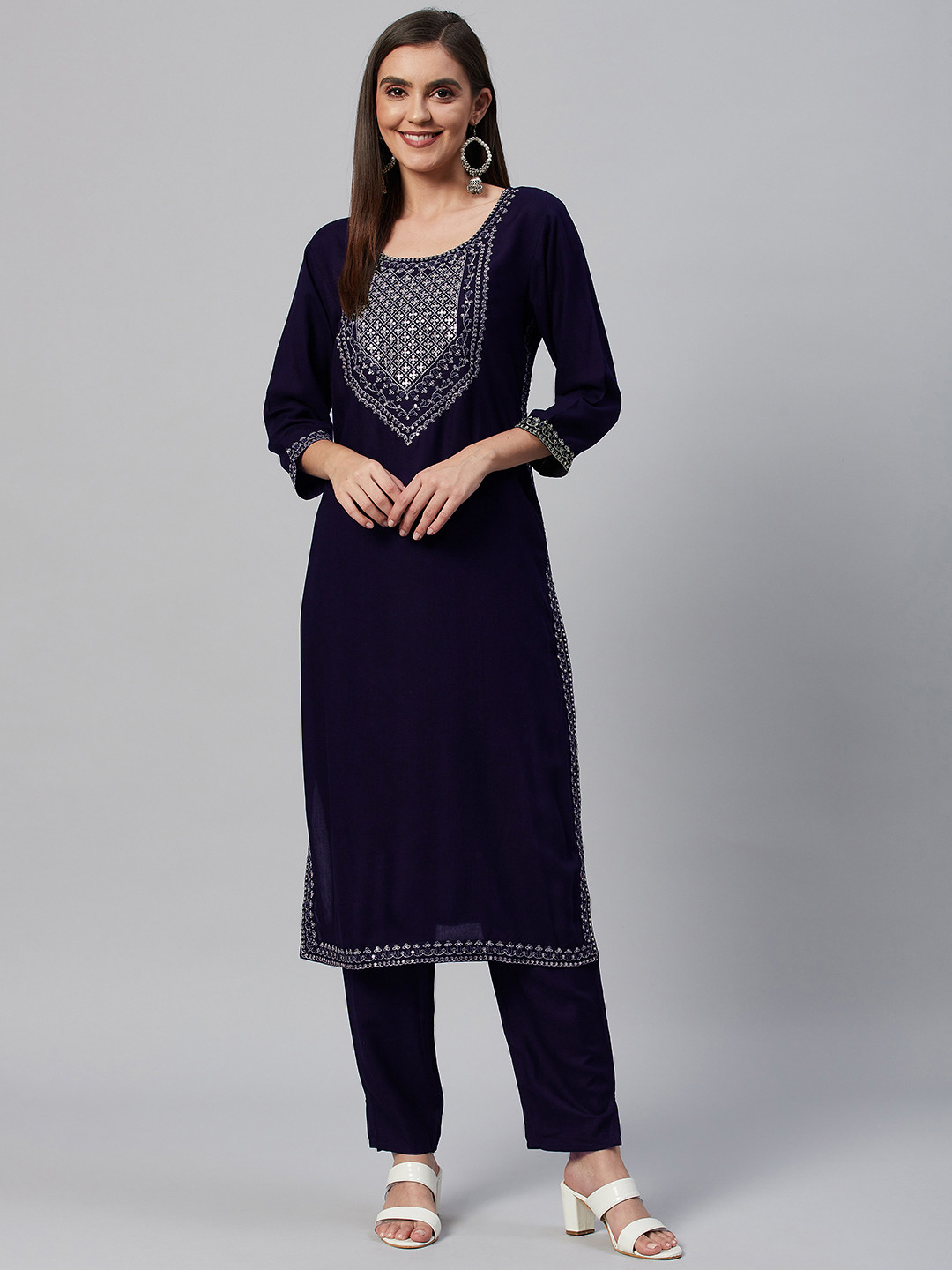 Womens Navy Blue Yoke Design Viscose Anarkali Kurta With Trousers & Dupatta