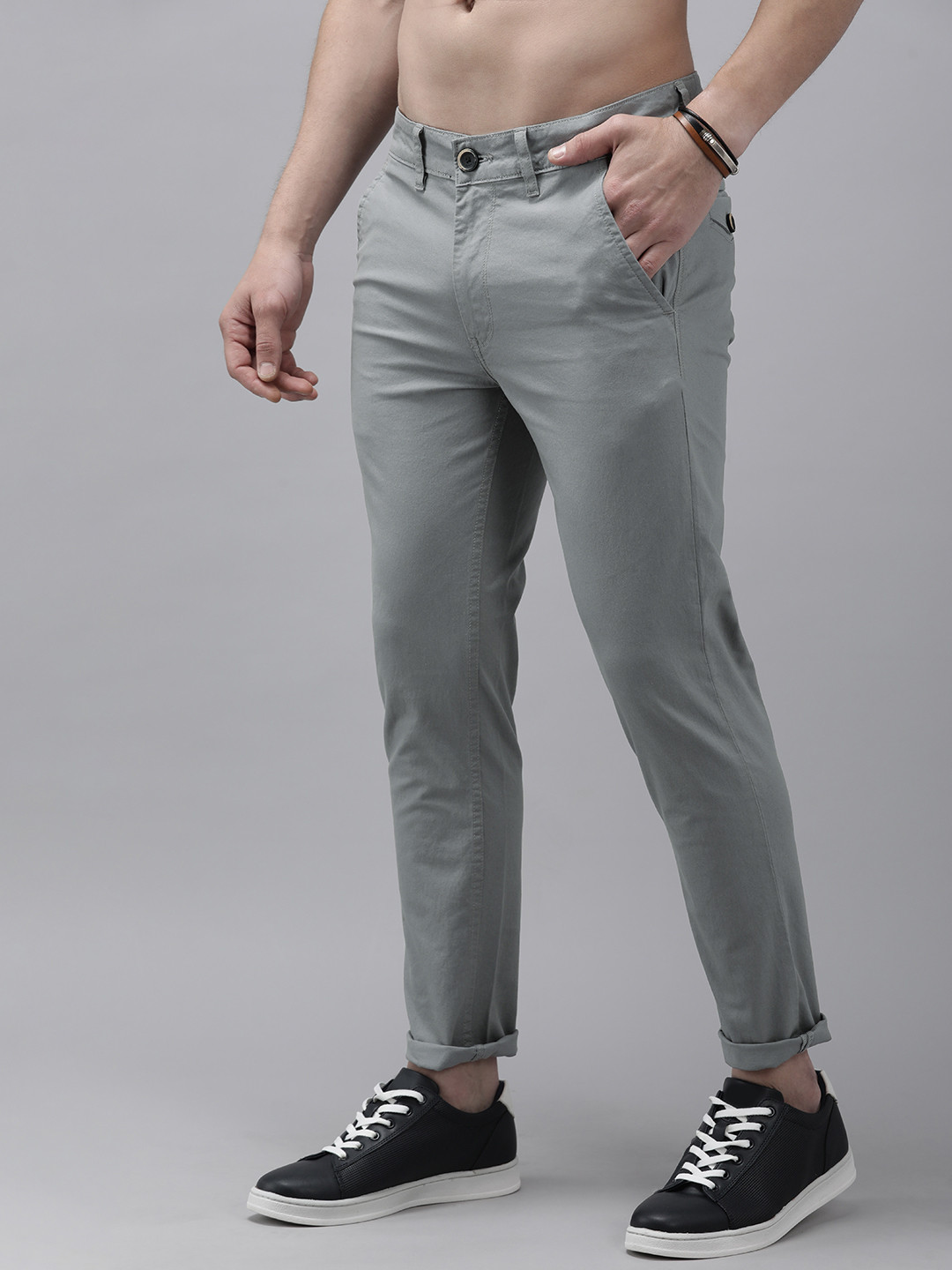 Buy The Roadster Lifestyle Co Men Grey Solid Slim Tapered Fit Trousers ...